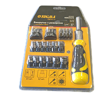 Викрутка з реверсом + насадки торцеві і біти 27шт, CrV, 1/4" Sigma 4002121