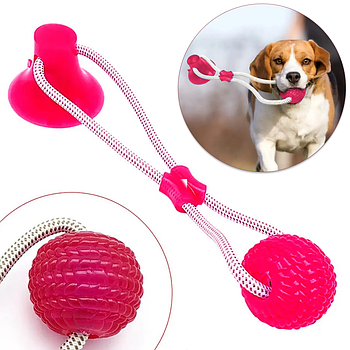 Іграшка для собак м'яч на мотузці з присоскою EL-1126, Рожева / Гумова жувальна іграшка / М'ячик для тварин