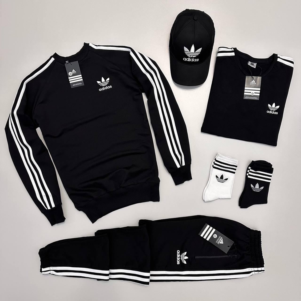 Спортивний костюм футболка кепка шкарпетки Adidas з лампасами весняний осінній комплект чоловічий адідас чорний