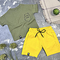 Дитячий літній костюм шорти + футболка Ведмедик у кишені Гірчиця/Хакі