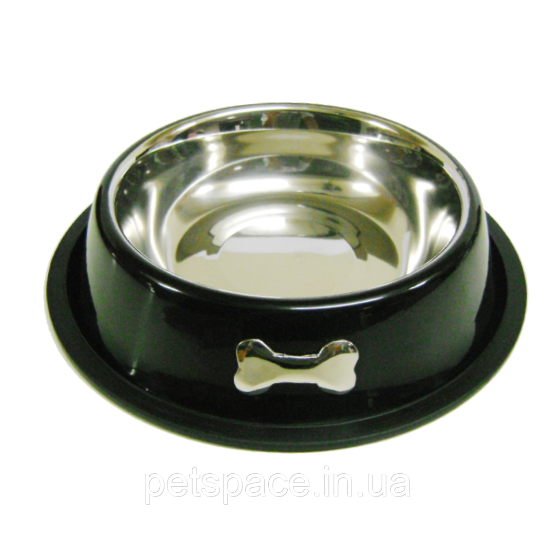 Миска для собак Modes (з нержавіючої сталі, з протиковзким дном, чорна з принтом "кістка") 22/29.5см, фото 1