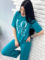 ✅ Жіночий літній костюм з принтом "LOVE story", креп-жатка | Футболка + широкі штани (брюки) | Норма
