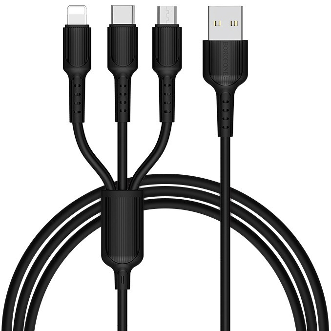 Кабель 3в1 MicroUSB+TypeC+Lightning 3-in-1 BOROFONE BX16 |1.5m 2.4A| Чорний
