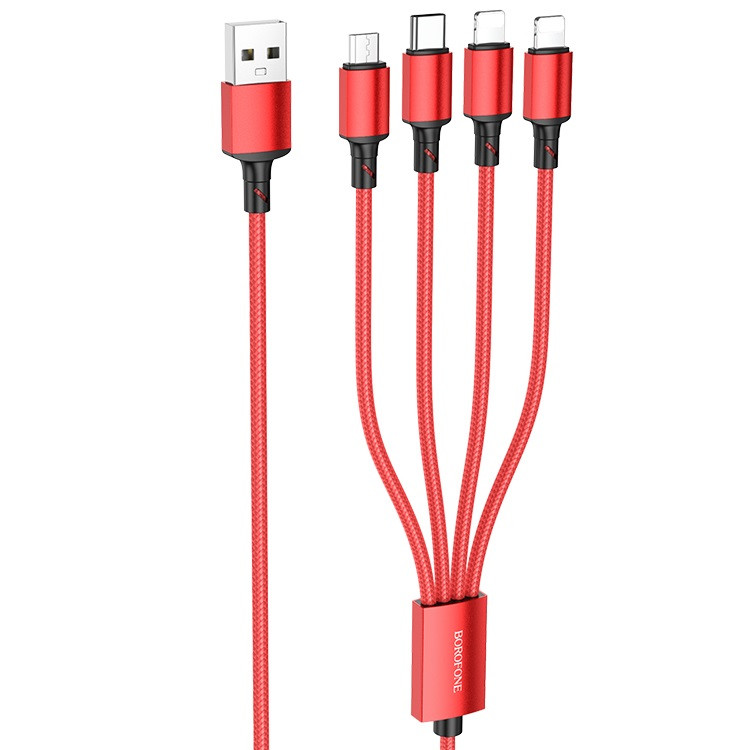 Кабель 4в1 Lightning(iPhone) *2 + MicroUSB(Android) + Type-C(Android) 4in1 BOROFONE BX72 |1m, 2A| Червоний, фото 1