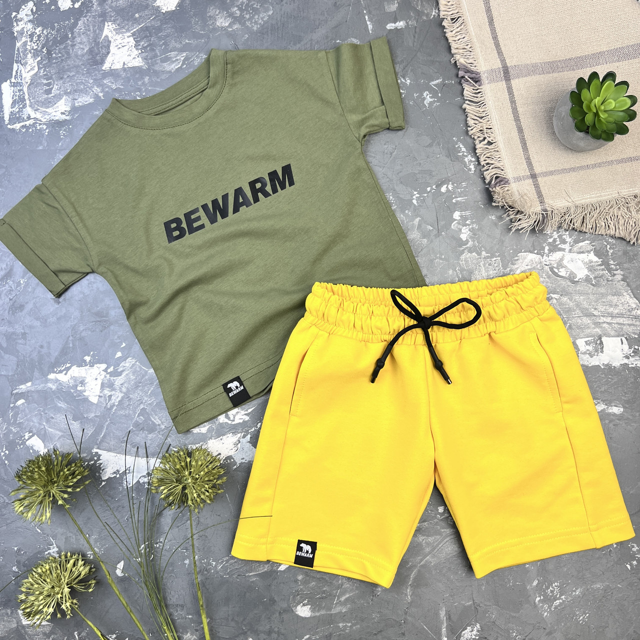 Дитячий літній костюм шорти + футболка BEWARM Гірчиця/Хакі, фото 1