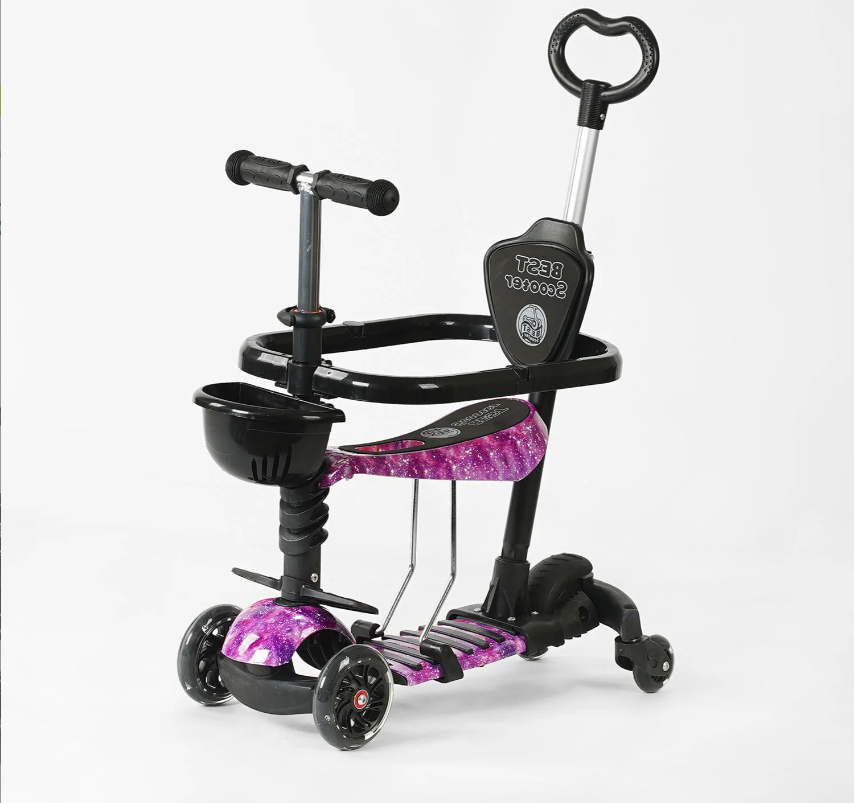 Самокат 5 в 1 Best Scooter рожевий із захисним бампером та батьківською ручкою колеса PU з підсвічуванням