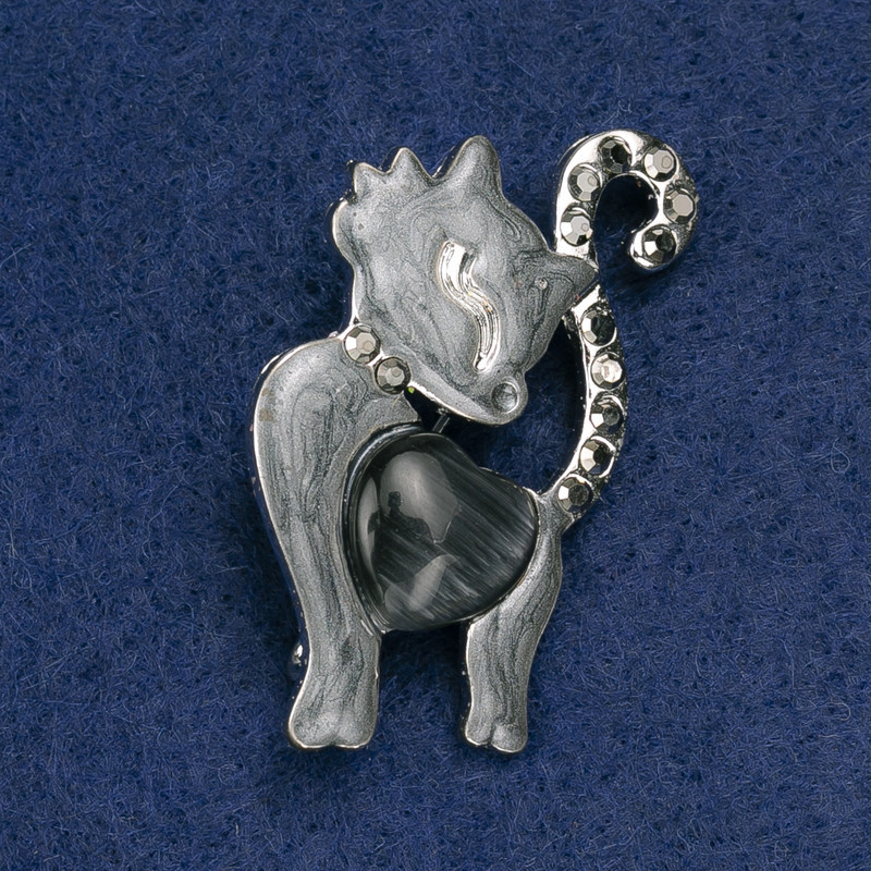 Брошка Котик перламутр сірого кольору, з чорними стразами, срібний метал 47х28мм, фото 1