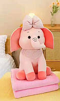Игрушка Слоник розовый з бантиком плед-подушка - трансформер 3 в 1 для детей и взрослых