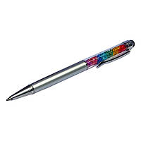 DR Стилус ёмкостный , с шариковой ручкой, металлический, серебристый с кристаллами цветов радуги