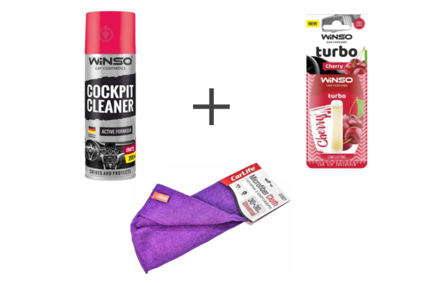 Набір для чистоти та комфорту в салоні авто Winso "ВИШНЯ" (Поліроль 200 мл + Ганчірка + Ароматизатор), фото 1
