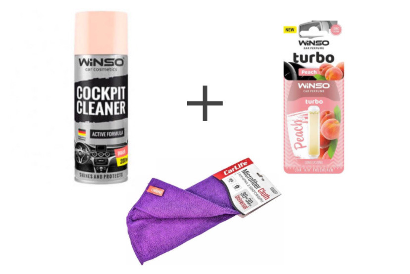 Набір для чистоти та комфорту в салоні авто Winso "ПЕРСИК" (Поліроль 200 мл + Ганчірка + Ароматизатор), фото 1