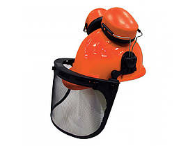 Будівельна каска зі щитком із металевої сітки та шумоізоляційними навушниками для захисту голови