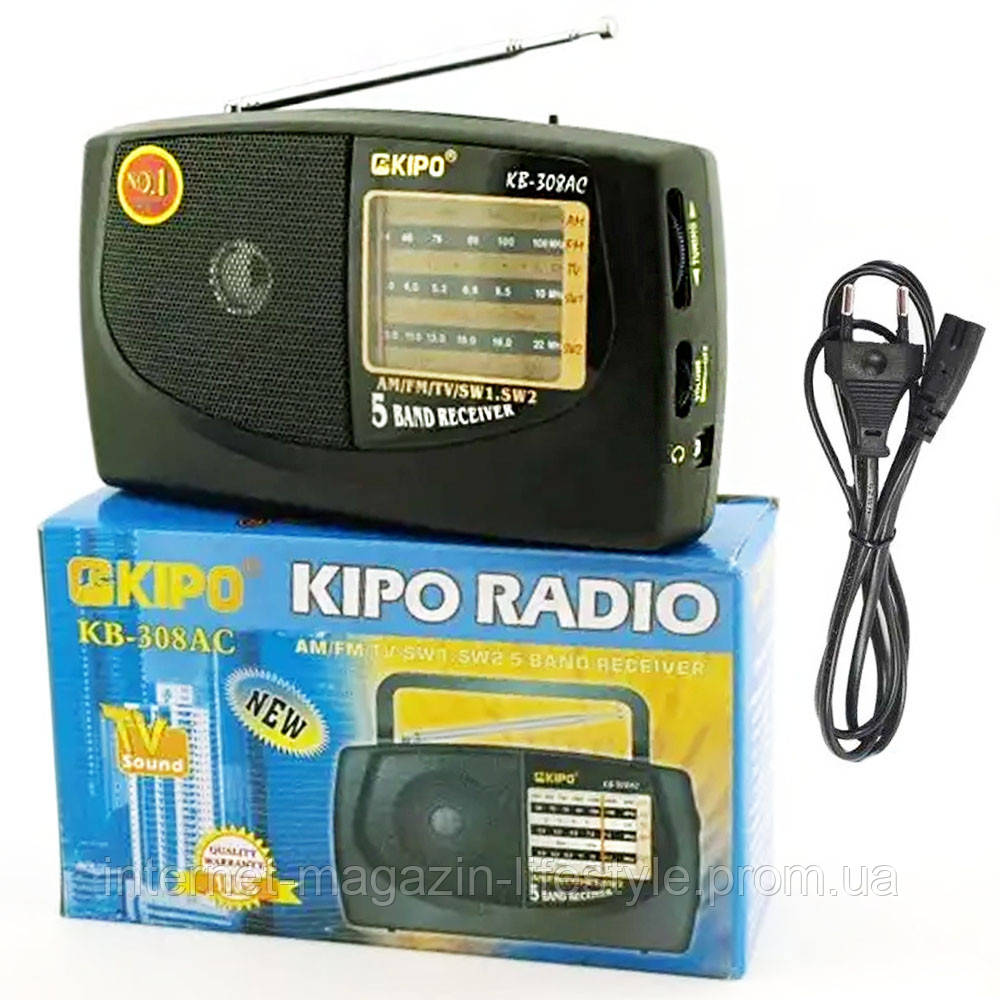 Радіоприймач портативний KIPO KB-308 на батарейках та від мережі / AM FM радіо, чорний