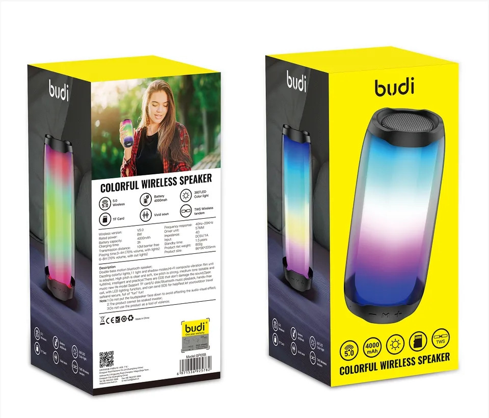 Бездротова портативна Колонка Bluetooth 5.0 з підсвіткою budi SP05B