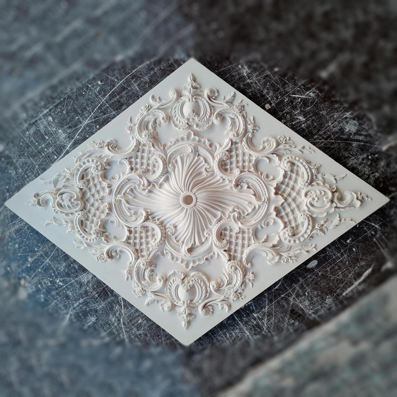 Розетка стельова з гіпсу р-161 mini 1100х800 мм, класична, ромбоподібна, рельєфна, ліпнина з гіпсу, фото 1