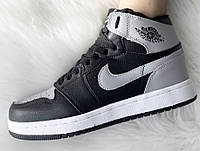 Женские кроссовки Jordan 1 Black Grey МЕХ Цигейка