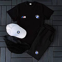 Мужской летний спортивный костюм BMW черный 4в1, Комплект БМВ летний Шорты + Футболка + Бананка и Бейсболка