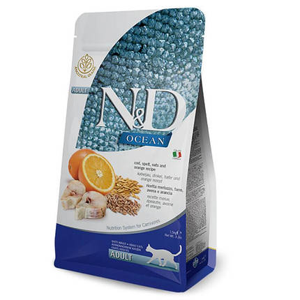Farmina N&D Ocean LG Adult Cat Cod Сухий корм для дорослих кішок з тріскою та апельсином, низькозерновий 300г, фото 1