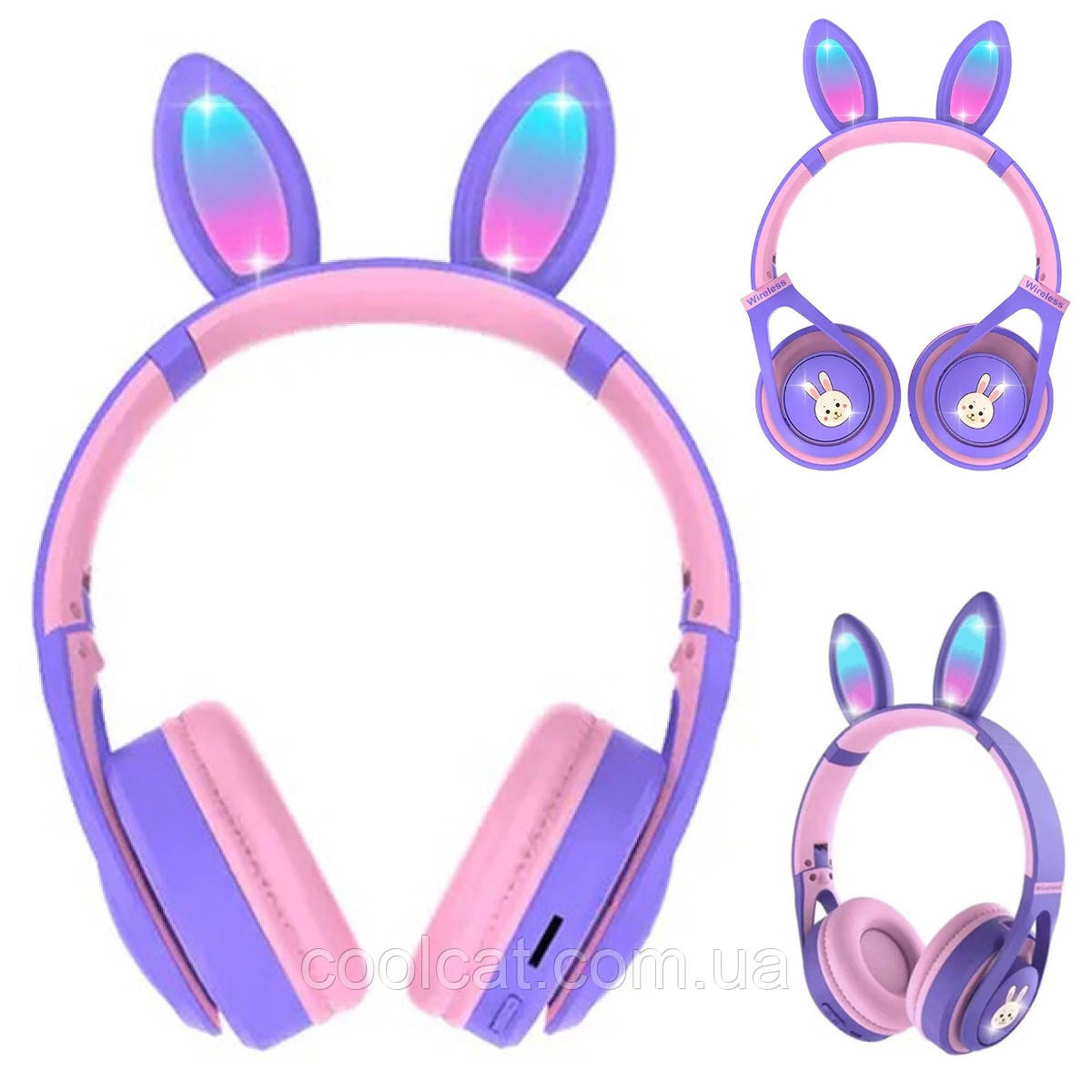 Навушники бездротові, LED, із заячими вушками, ME-15, Фіолетові / Дитячі Bluetooth навушники з мікрофоном