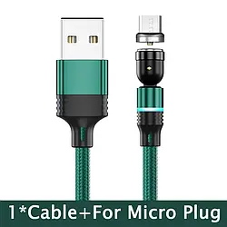 Магнітний кабель micro USB для зарядки 360°+180° Зелений, 1 метр, 2.1A