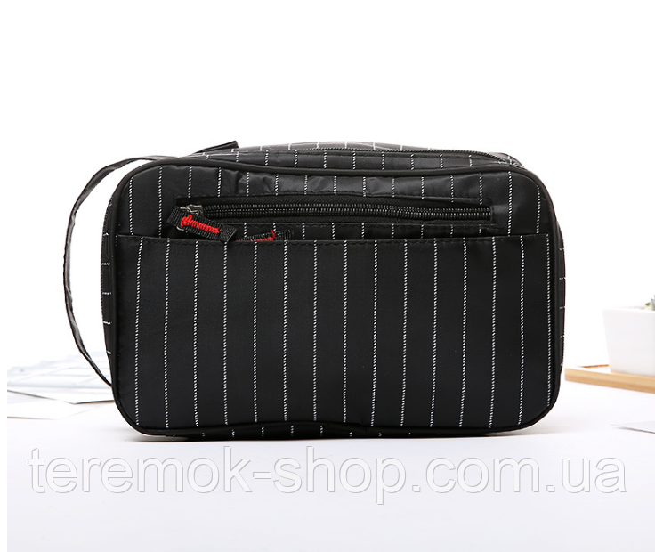 Косметичка чорна чоловіча, несесер нейлоновий в смужку на блискавці з ручкою 26х16х8 см, фото 1