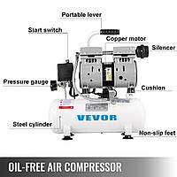 VEVOR Whisper Compressor 9 л, Тихий безмасляный компрессор 550 Вт, Безмасляный воздушный компрессор 58 дБ,