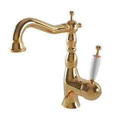 Золотий змішувач для умивальника з білою ручкою Bugnatese Oxford 6313