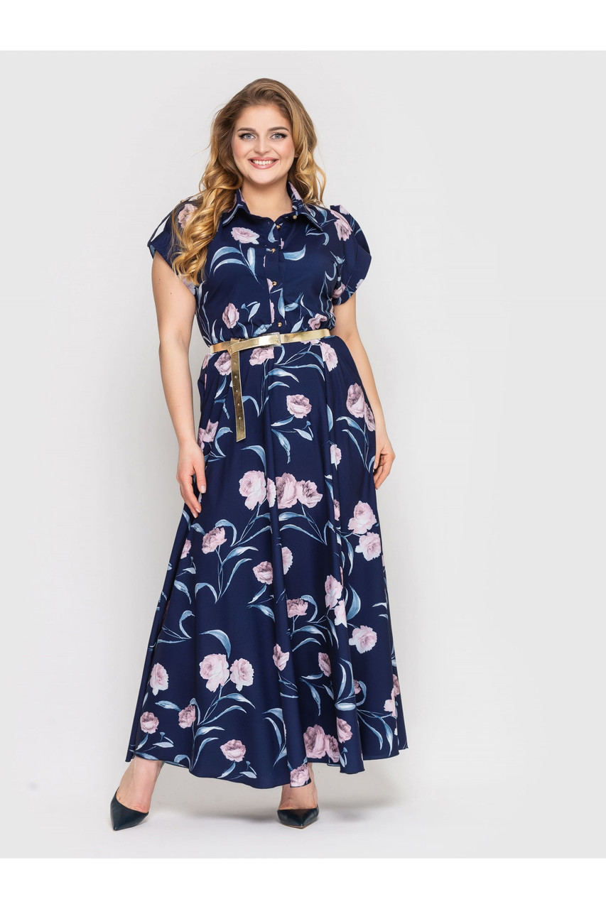 Неперевершена сукня максі синє в квіточки великі розміри від 48 до 58