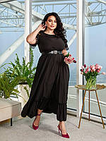 Черное шикарное летнее платье с кружевом и поясом батал с 50 по 60 размер