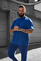 Мужская синяя футболка оверсайз стильная на двунитке , Однотонная летняя синяя футболка мужская ЛЮКС качества