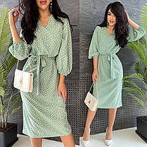 Стильне літнє плаття в горошок нижче коліна висока талія з поясом, фото 5