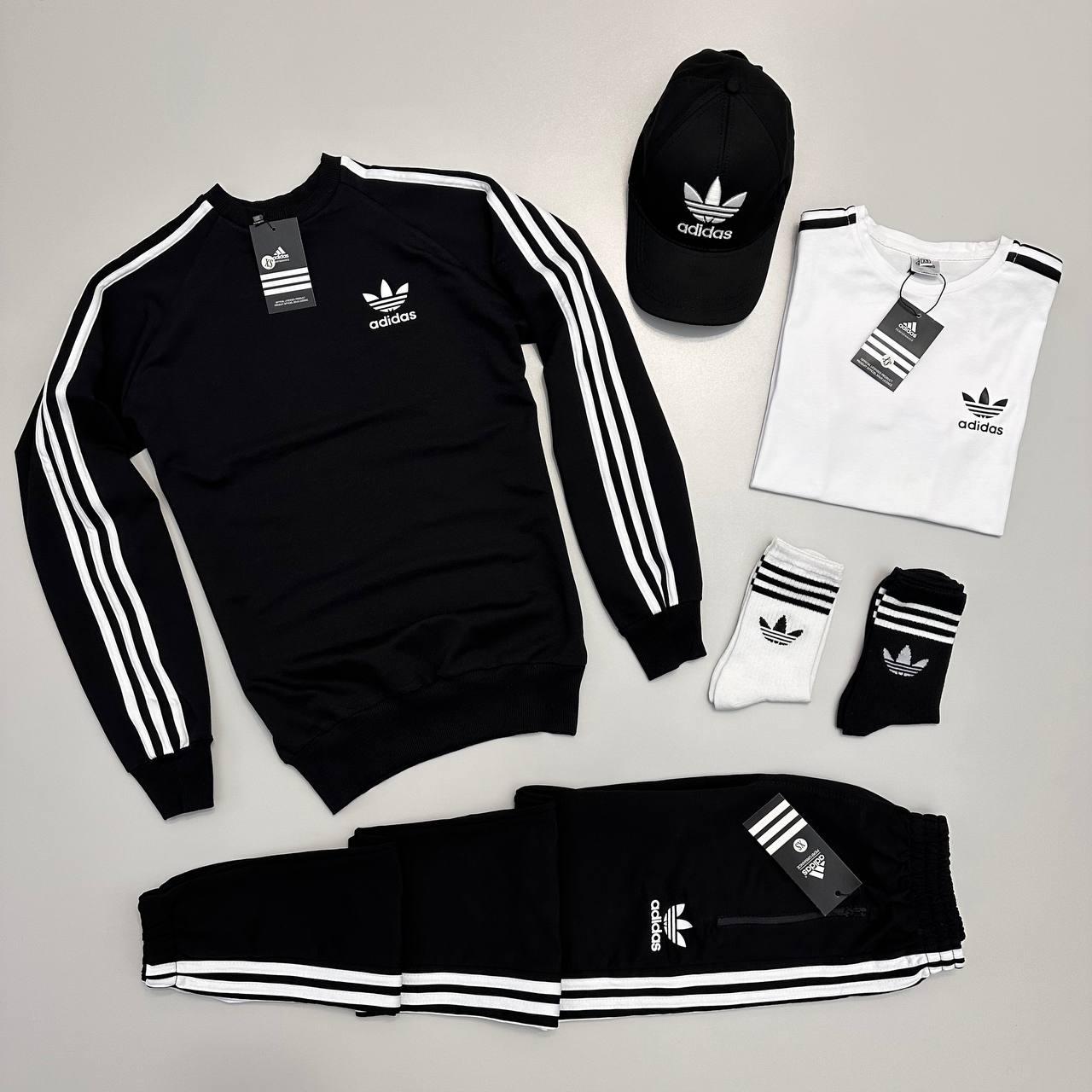 Чоловічий костюм Adidas 4в1 Світшот + Штани + Футболка + Кепка + Шкарпетки чорний без капюшона Адідас весняний