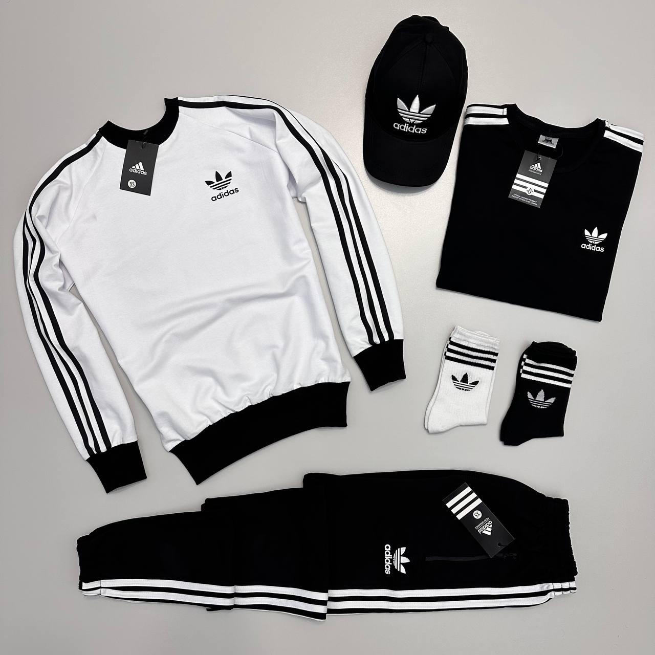 Чоловічий костюм Adidas 4в1 Світшот + Штани + Футболка + Кепка + Шкарпетки білий без капюшона Адідас весняний