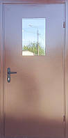 Двері технічні металеві модель бюджет двох листова коричнева зі склом.