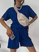 Летний базовий женский костюм оверсайз на кожен день футболка и шорты синего цвета