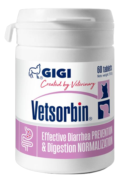 Ветсорбин Gigi Vetsorbin адсорбент для нормализации работы кишечника у маленьких собак и кошек, 60 таблеток - фото 1 - id-p1232813030