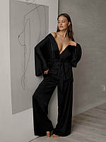 Пижама женская атласная на запах. Комплект шелковый для дома, сна с длинным рукавом Кимоно