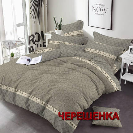 Тканина для постільної білизни Бязь Gold Lux 220 см бежева геометричний принт круги та написи груччі, рулон 50 м Пакистан, фото 1