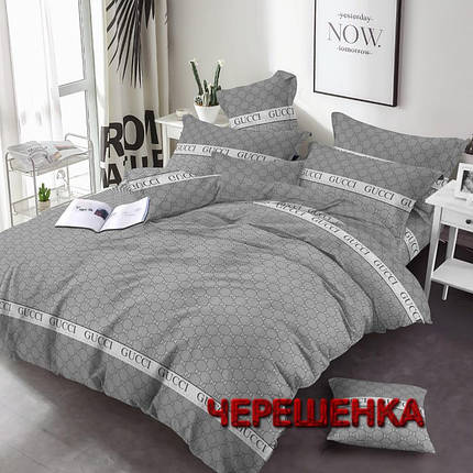 Тканина для постільної білизни Бязь "Gold" Lux GL7899grey (50м) брендовий принт на сірому, фото 1