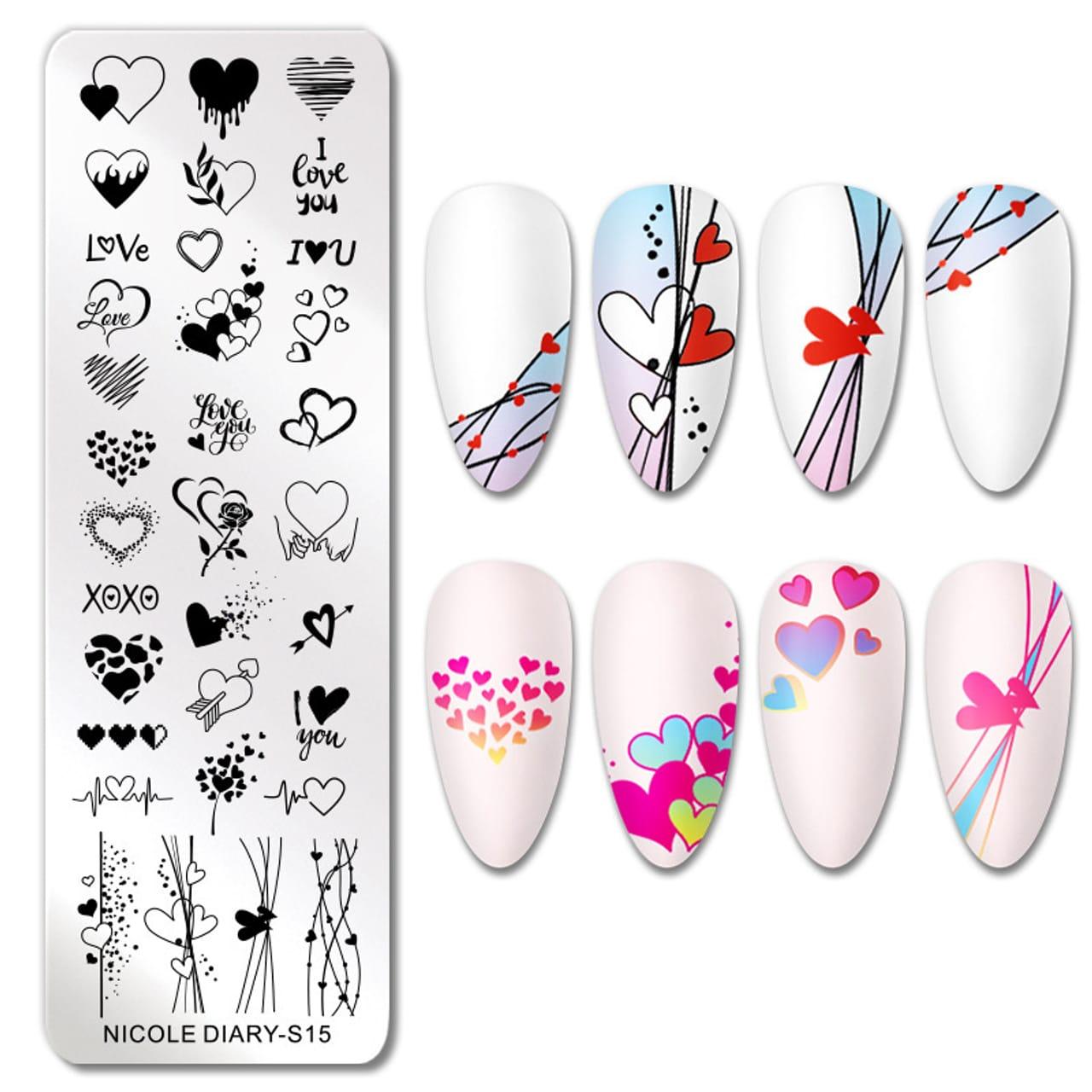 Пластина для стемпінгу прямокутна серця love Nicole Diary S15