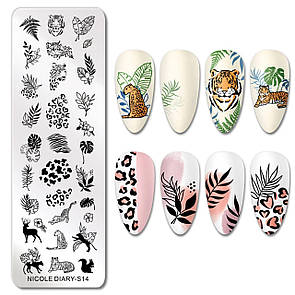 Пластина для стемпінгу прямокутна тваринний принт тропічні листя Nicole Diary S14