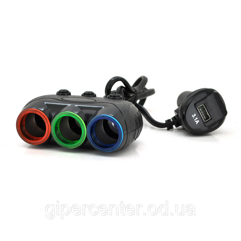 АЗП розгалужувач + вольтметр Olesson 1633, 12V-3 * 12V + USB, Black, Blister