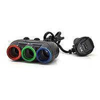 АЗП розгалужувач + вольтметр Olesson 1633, 12V-3 * 12V + USB, Black, Blister