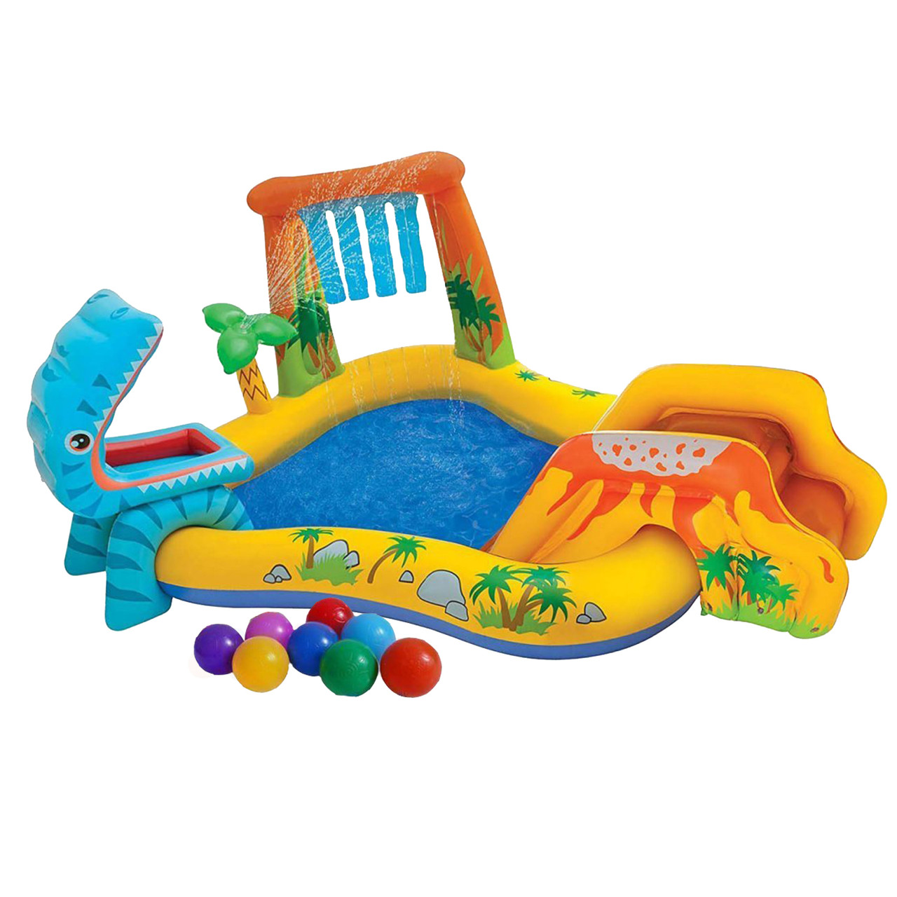 Надувний ігровий центр для дітей Intex 57444 Динозаври, з гіркою, фонтанчиком, кульками 6 шт., 249х191х109 см, фото 1