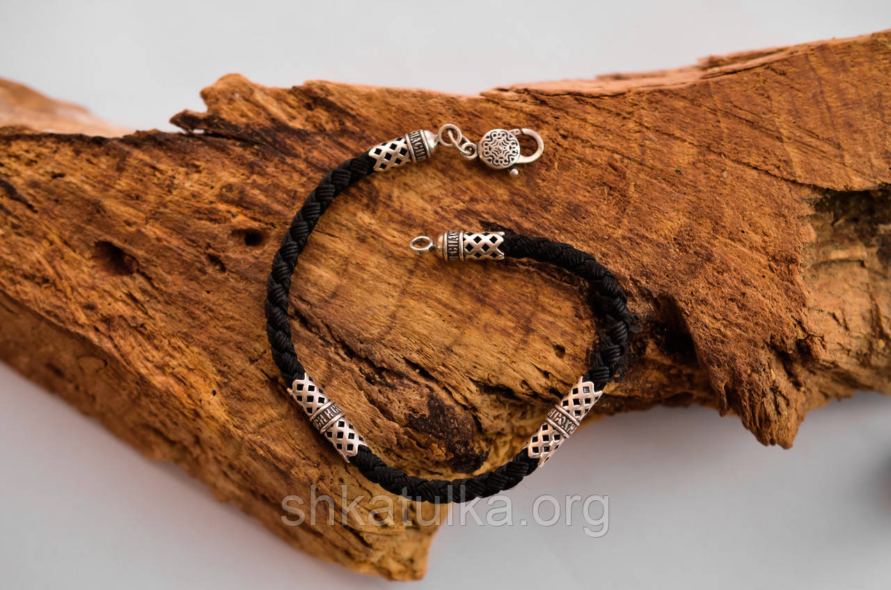 Шовковий браслет з срібними вставками і закінченнями 925 проби 425/4с18