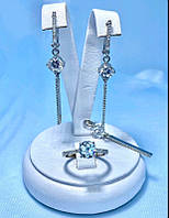 Серебряный набор украшений женский с фианитами Серьги и кольцо из серебра "Палочки"