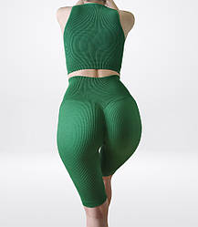 Комплект: велосипедки з ефектом пуш-ап та топ в рубчик М, Зелений з моделюючим швом ззаду