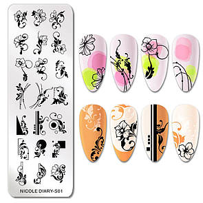 Пластина для стемпінгу прямокутна квіткові візерунки завитки Nicole Diary S01