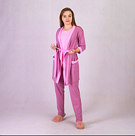Женская стильная розовая пижама тройка, майка штаны халат, домашний костюм,фуликра, размер 42-56