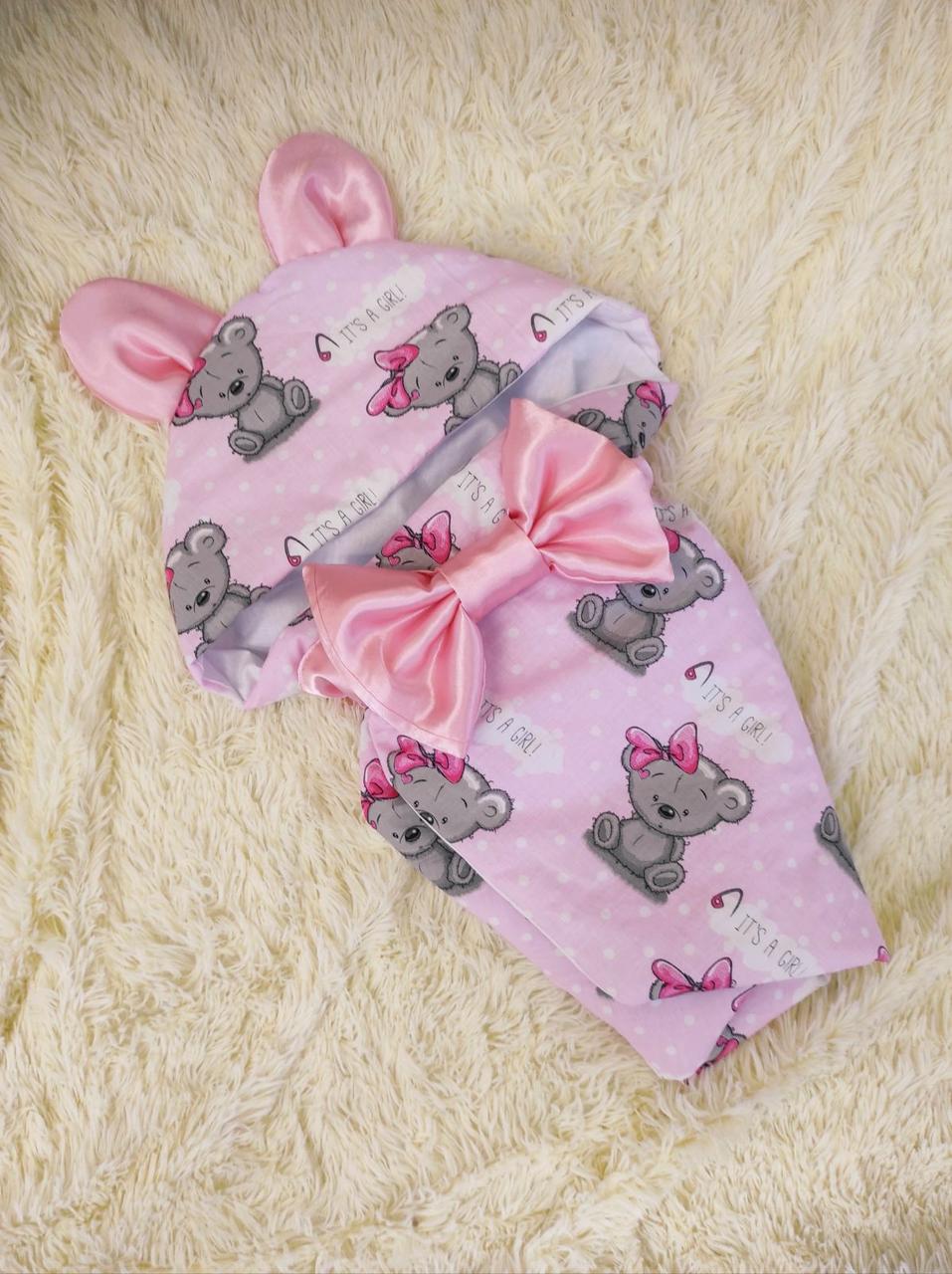 Літній бавовняний конверт з принтом ведмежата, рожевий, фото 1